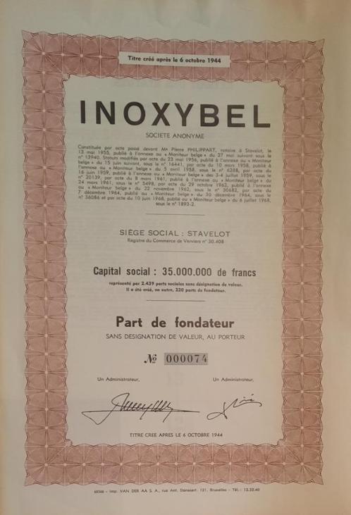 Inoxybel - Stavelot - part de fondateur -  1968, Postzegels en Munten, Aandelen en Waardepapieren, Aandeel, 1950 tot 1970, Ophalen of Verzenden