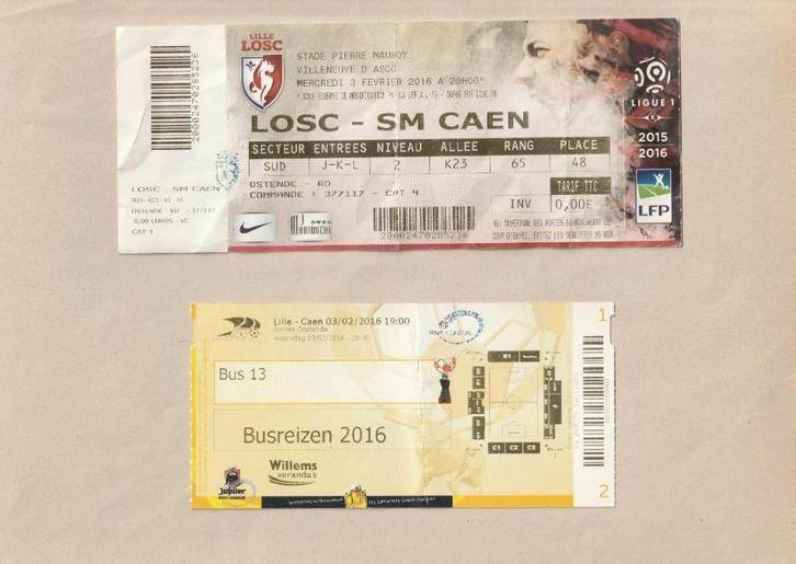 (gebruikt) ticket : Lille - Caen, Ligue 1, 03/02/2016, Verzamelen, Sportartikelen en Voetbal, Gebruikt, Overige typen, Ophalen of Verzenden