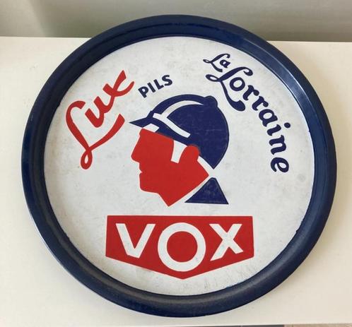 Lux Pils Vox La Lorraine emaille plateau, Verzamelen, Biermerken, Gebruikt, Reclamebord, Plaat of Schild, Ophalen of Verzenden