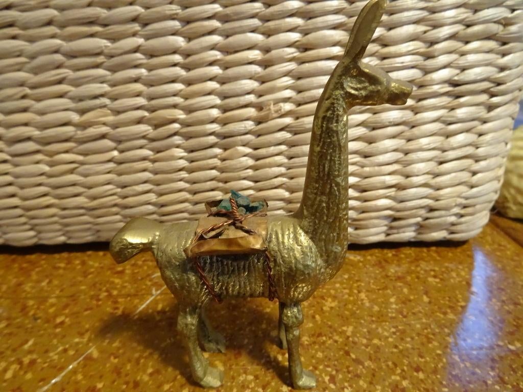 Statuette Lama En Laiton Doré – Artisanat Du Pérou – Figurine Animal Vintage, Décoration Intérieure