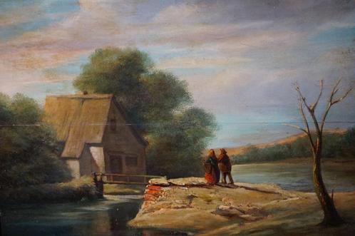 19de eeuws: Idyllisch landschap (48 x 40 cm), Antiek en Kunst, Kunst | Schilderijen | Klassiek, Ophalen of Verzenden
