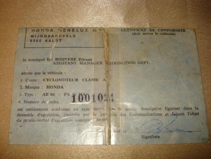 Ancien Certificat de Conformité Cyclomoteur Honda PX 50 MA, Motoren, Handleidingen en Instructieboekjes, Honda, Ophalen of Verzenden