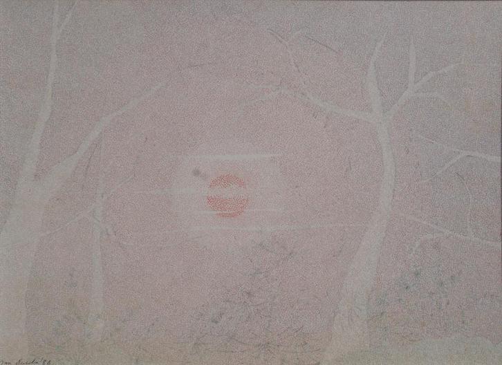 Jan Dierckx (1949-2018): Bos met rode zon 1986 (104 x 81 cm), Antiek en Kunst, Kunst | Schilderijen | Modern, Ophalen of Verzenden