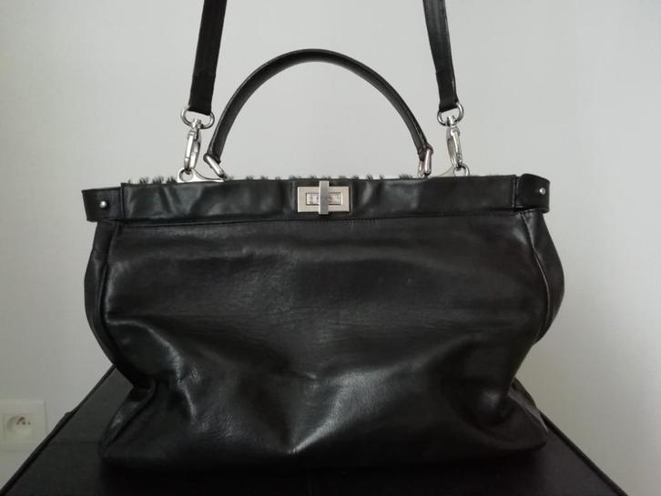 Zwarte Lederen Handtas - Maxima Milano, Handtassen en Accessoires, Tassen | Damestassen, Zo goed als nieuw, Handtas, Zwart, Ophalen
