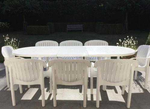 Set Witte Tuintafel en 10 Stoelen Allibert. Set: 140€, Tuin en Terras, Tuintafels, Gebruikt, Rechthoekig, Kunststof, Ophalen