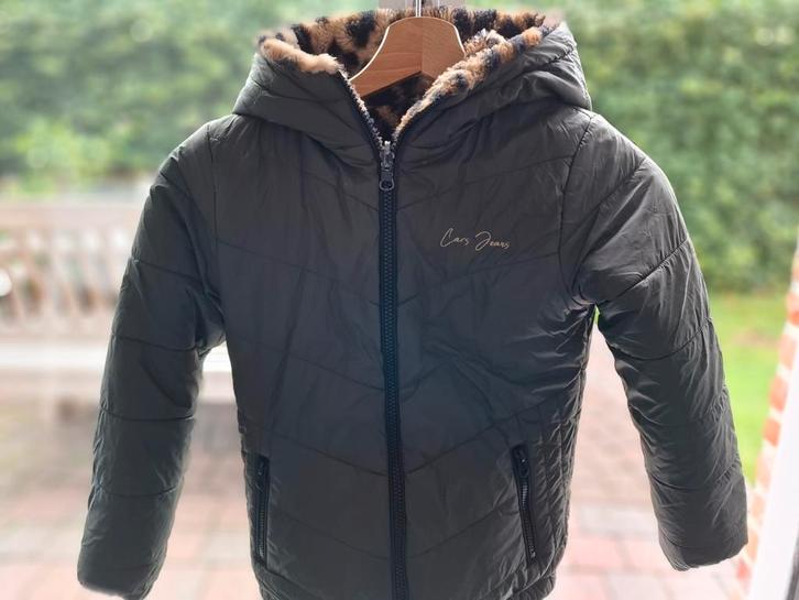 Omkeerbare donkergroene en panterprint winterjas, Kinderen en Baby's, Kinderkleding | Maat 128, Gebruikt, Meisje, Jas, Ophalen of Verzenden