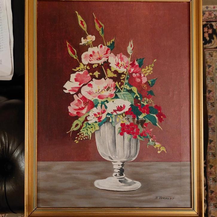 Handgeschilderd vintage bloemenschilderij - H.Vermant, Antiquités & Art, Art | Peinture | Classique, Enlèvement