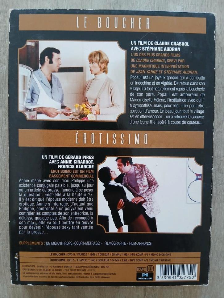 De slager (Chabrol - Audran - Yanne) + Erotissimo (2 dvd's), Cd's en Dvd's, Dvd's | Thrillers en Misdaad, Gebruikt, Ophalen of Verzenden