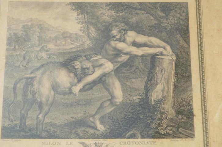 Franse gravure 'Milon le Crotoniate' coll. Duc d'Orleans, Antiek en Kunst, Kunst | Etsen en Gravures, Ophalen of Verzenden