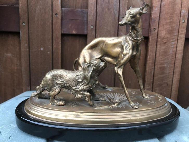 bronzen windhond whippet met spaniel hond King charles, Antiek en Kunst, Kunst | Beelden en Houtsnijwerken, Ophalen of Verzenden