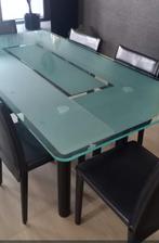 Glazen tafel met 6 leren stoelen te Helchteren, Huis en Inrichting, Ophalen, Gebruikt