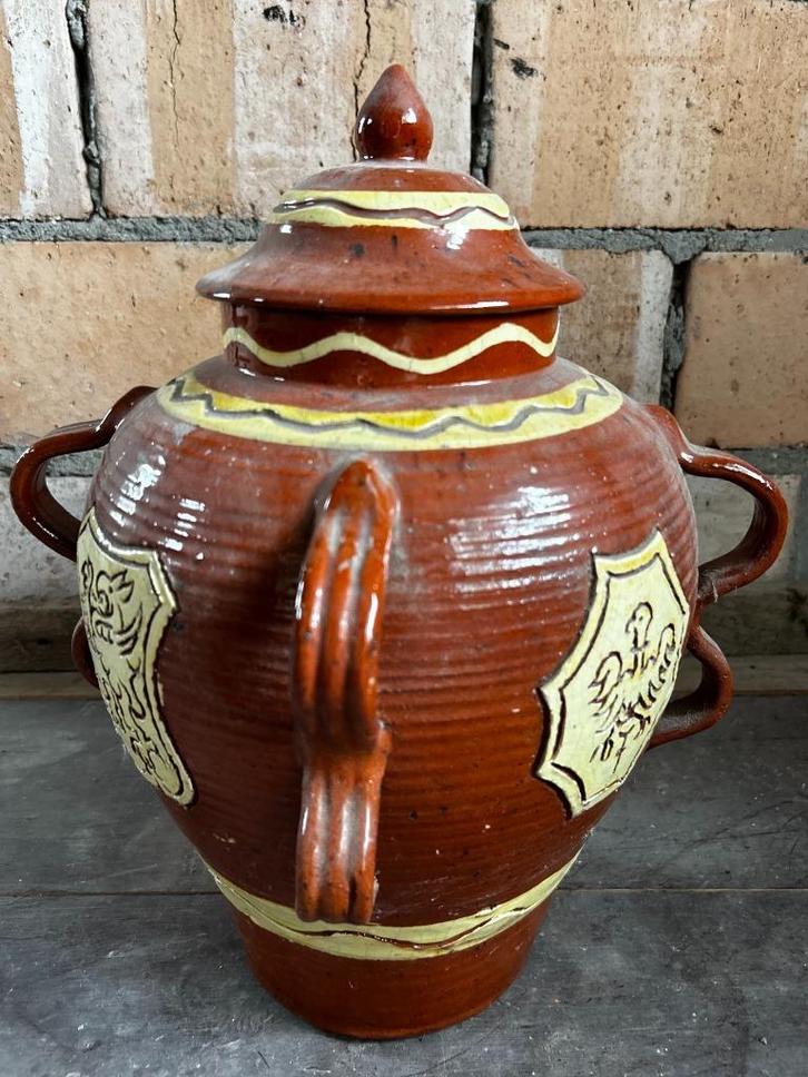 Antieke aardewerk kruik met adelaar en deksel, Antiquités & Art, Curiosités & Brocante, Enlèvement