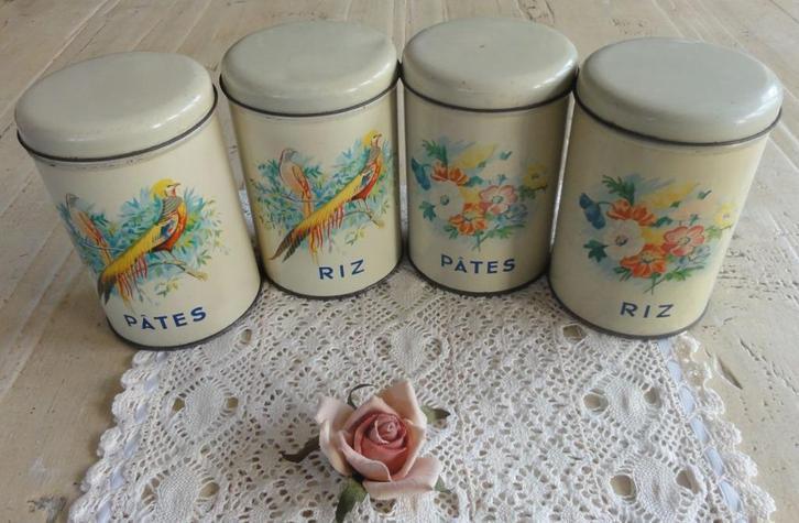 Set Franse brocante blikjes, vogels, bloemen, pâtes & riz, Antiek en Kunst, Curiosa en Brocante, Ophalen of Verzenden