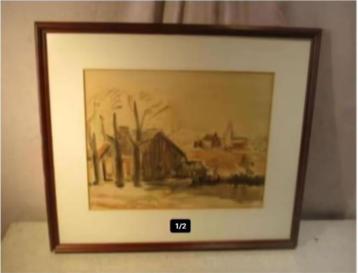Mooi Geschilderd Aquarel 'Hoeve bij het Dorpje' - gesigneerd beschikbaar voor biedingen