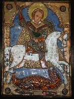 Grote terracotta plaat St Michiel doodt de draak reliëfdecor, Antiek en Kunst, Ophalen