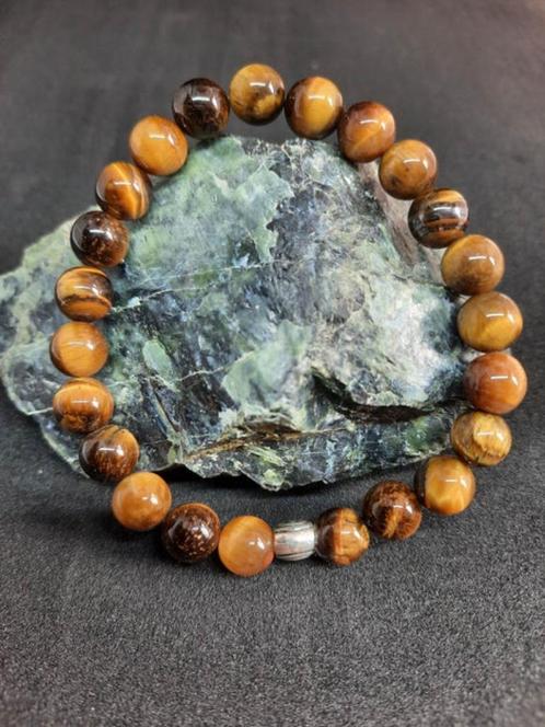 bracelet Oeil de tigre 8 mm pierre naturel, Handtassen en Accessoires, Armbanden, Nieuw, Elastiek, Goud, Met bedels of kralen