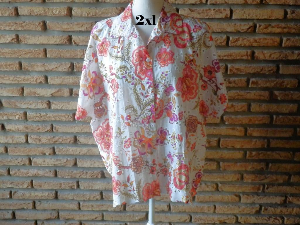 (23) - chemisier femme t.2xl blanc rose brun - jin -, Jin, Maat 42/44 (L), Ophalen of Verzenden, Zo goed als nieuw