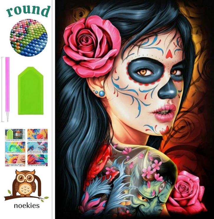 DIamond Painting tattoo vrouw 40x30cm (rond), Hobby en Vrije tijd, Knutselen, Nieuw, Knutselwerk, Verzenden