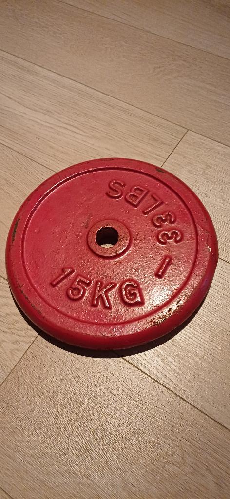 halters 2 x 15kg met lange bar 10kg, Ophalen, Gebruikt, Buik, Halterset