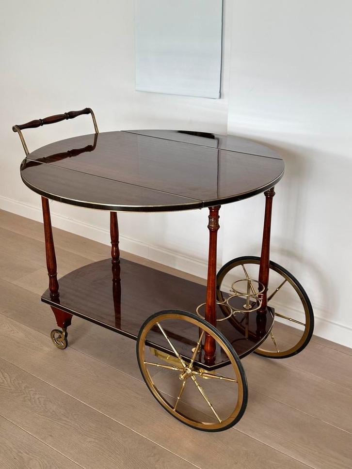 Desserte bar vintage avec laiton - table rabattable, Maison & Meubles, Tables | Tables d'appoint, Utilisé, Ovale, 60 cm ou plus