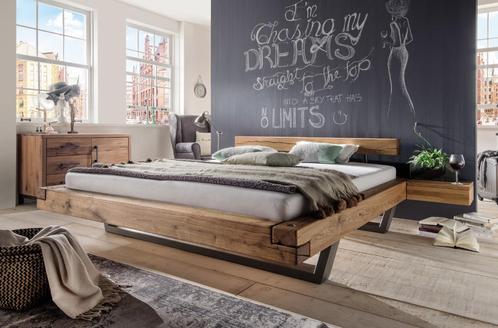 weepersoonbed. Massief eiken balken op metalen dragers, Huis en Inrichting, Slaapkamer | Bedden, Nieuw, Tweepersoons, 200 cm, Hout