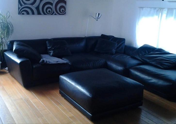 Lederen sofa Camerich 5-delige zetel zwart leer, Maison & Meubles, Canapés | Salons, Utilisé, Banc d'angle, Quatre personnes ou plus