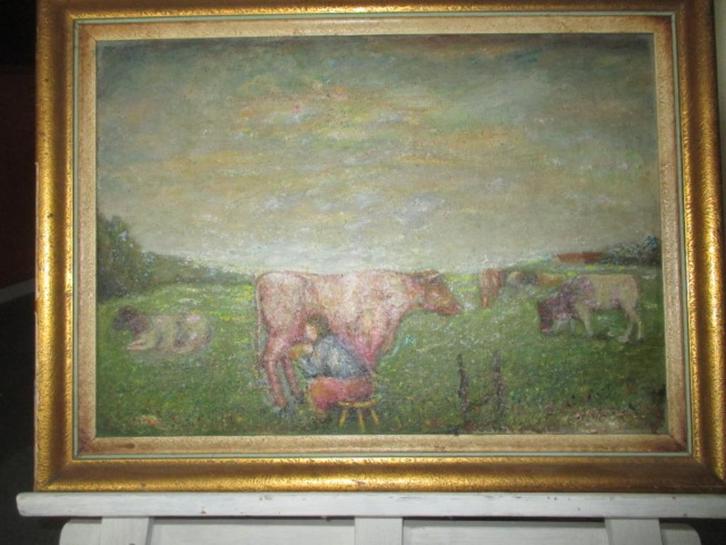 Schilderij "Boerin melkt koeien", Antiek en Kunst, Kunst | Schilderijen | Klassiek, Ophalen of Verzenden