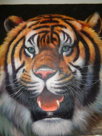 *Prachtige grote schilderij met een tijgerkop -Olie op doek beschikbaar voor biedingen