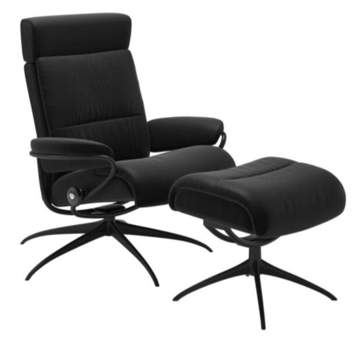 Stressless Tokyo zetel + voetenbank in Paloma Black, Huis en Inrichting, Fauteuils, Gebruikt, Leer, Metaal, 75 tot 100 cm, 75 tot 100 cm