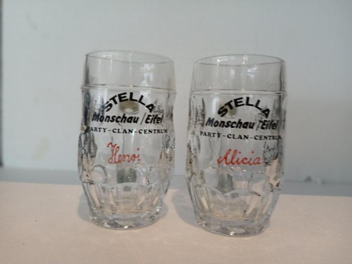 Twee oude glazen bekers STELLA MONSCHAU/EIFEL Party, Verzamelen, Biermerken, Zo goed als nieuw, Pul(len), Stella Artois, Ophalen of Verzenden