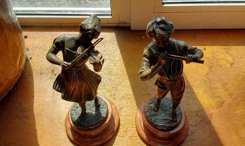 2 bronzen beeldjes zonder signatuur, onyx basis, Antiek en Kunst, Antiek | Brons en Koper, Brons, Ophalen