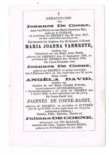 Egem, Pittem: 1794 tot 1876; familie Coene, Enlèvement ou Envoi, Image pieuse