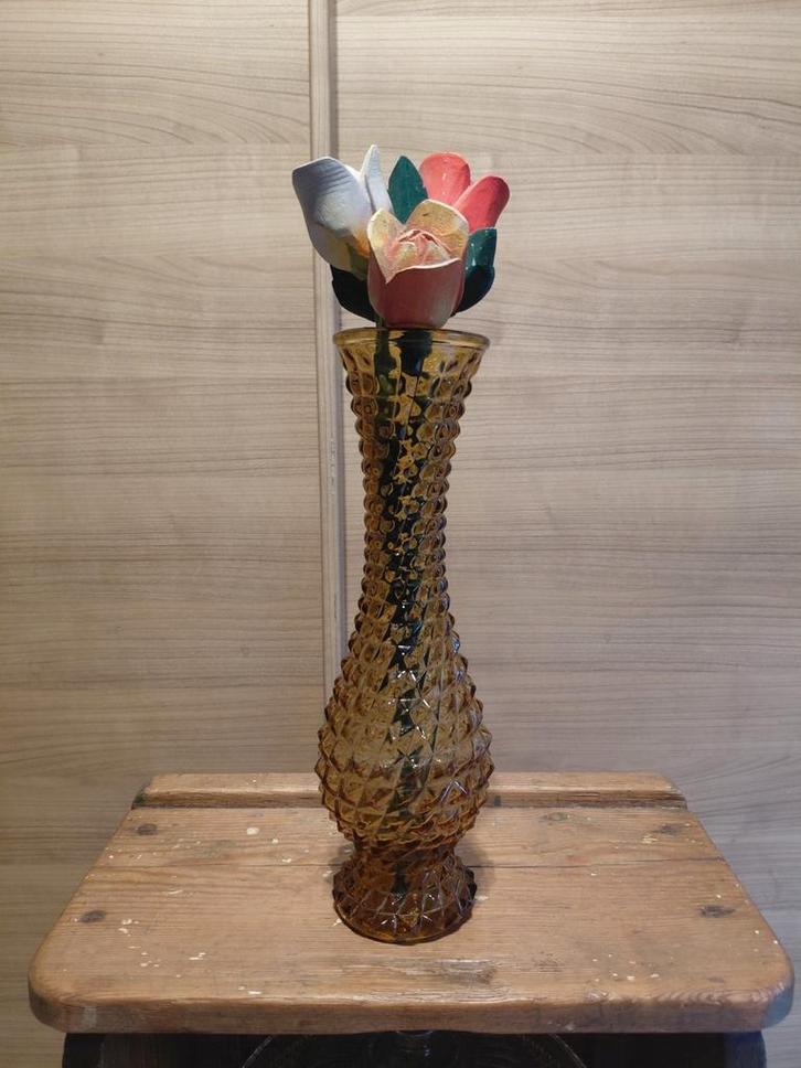 Vintage amberkleurige Empoli vaas in geometrisch persglas, Antiek en Kunst, Antiek | Glaswerk en Kristal, Ophalen of Verzenden