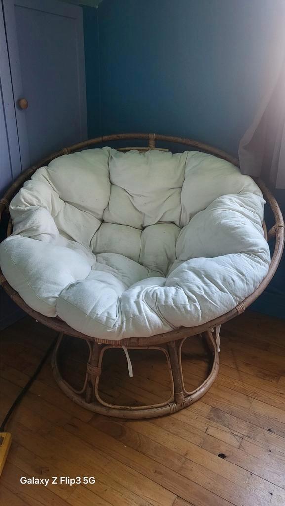 fauteuil Papasan en rotin., Huis en Inrichting, Zitzakken, Zo goed als nieuw, Wit, Ophalen