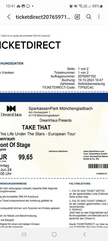 Take That concert tickets 2x Front of stage staanplaats