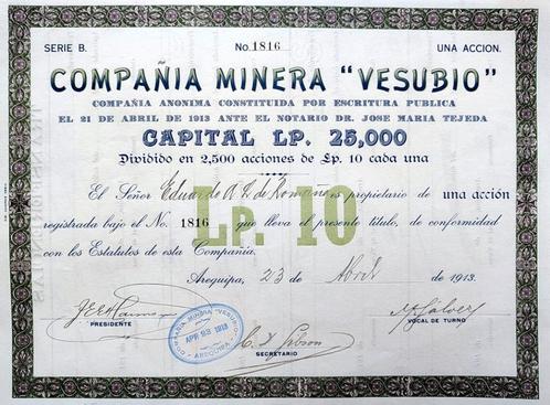 Compania Minera "Vesubio" 1913, Postzegels en Munten, Aandelen en Waardepapieren, Aandeel, Voor 1920, Ophalen of Verzenden