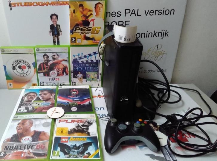 xbox 360 slim 250gb zwart console PAL versie UK+8 GAMES, Games en Spelcomputers, Spelcomputers | Xbox 360, Gebruikt, 250 GB, 360 S