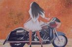 grande peinture à l'huile motard fille Harley Davidson (75x1, Antiquités & Art, Enlèvement ou Envoi