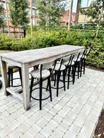 Teak hoge tuintafel met 10 hoge barkrukken, Tuin en Terras, Ophalen, Zo goed als nieuw