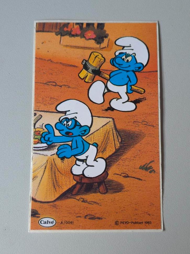 Autocollant Schtroumpf Calvé, Collections, Schtroumpfs, Comme neuf, Autres types, Différents Schtroumpfs, Envoi