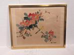 Antiek Oost-Aziatische aquarel op zijde-Bloemen en zangvogel, Antiek en Kunst, Kunst | Tekeningen en Fotografie, Ophalen of Verzenden