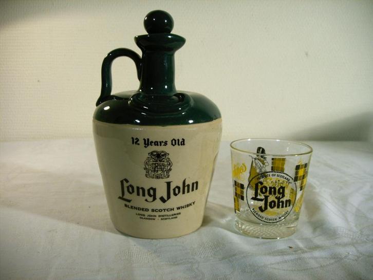Vintage whiskykruik van Long John met glas., Antiek en Kunst, Curiosa en Brocante, Ophalen of Verzenden