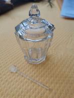 Antiek glazen mosterdpotje met glazen lepeltjes., Ophalen of Verzenden