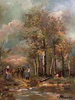 C. Muens;  boeren met paarden in het bos, Antiek en Kunst, Ophalen of Verzenden