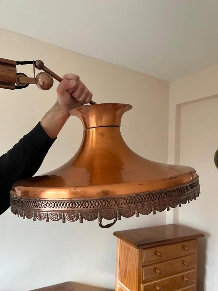 Unieke vintage koperen hanglamp, Huis en Inrichting, Lampen | Hanglampen, Gebruikt, Minder dan 50 cm, Glas, Metaal, Ophalen