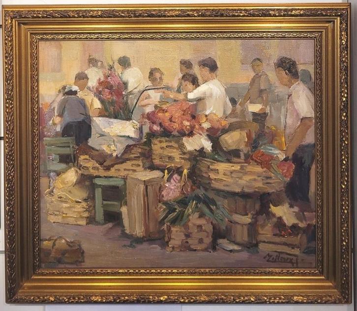 Joseph TILLEUX, markt in Menton, Antiek en Kunst, Kunst | Schilderijen | Klassiek, Ophalen of Verzenden