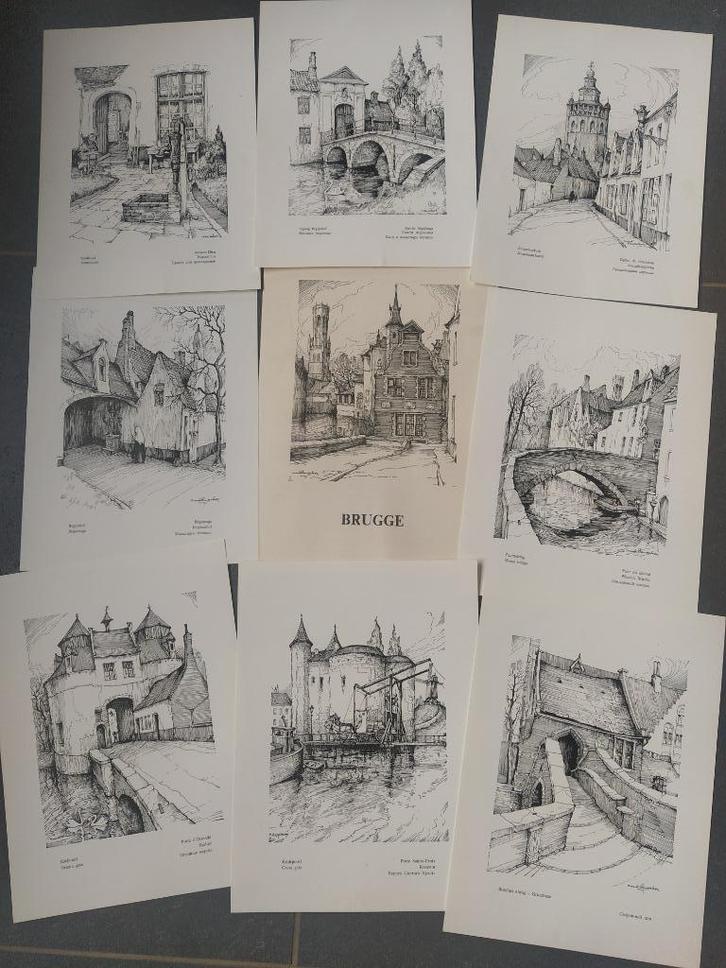map met 8 etsen over Brugge/Maurits Dousselaere 1923, Antiek en Kunst, Kunst | Etsen en Gravures, Ophalen of Verzenden
