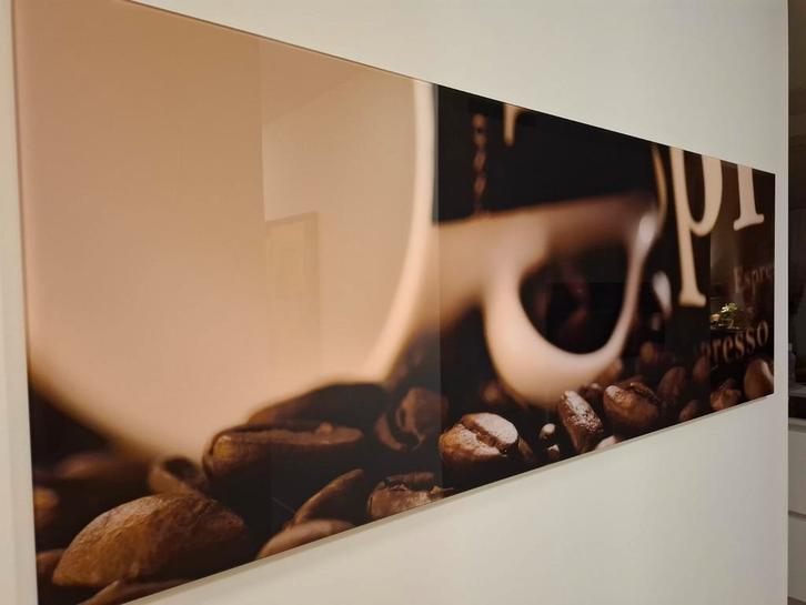 Espresso foto op glas.Spatwand of decoratief(online=te koop), Huis en Inrichting, Woonaccessoires | Schilderijen, Tekeningen en Foto's