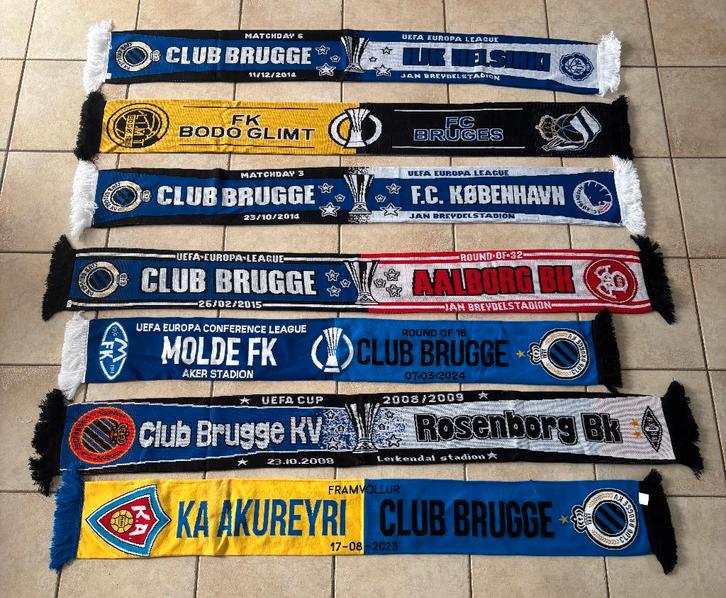 sjaals Club Brugge v Skandinavische clubs 'collectors item', Verzamelen, Sportartikelen en Voetbal, Zo goed als nieuw, Vaantje of Sjaal