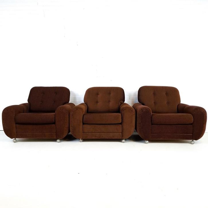 3x vintage easy chair donkerbruin corduroy jaren 70, Antiquités & Art, Antiquités | Meubles | Chaises & Canapés, Enlèvement